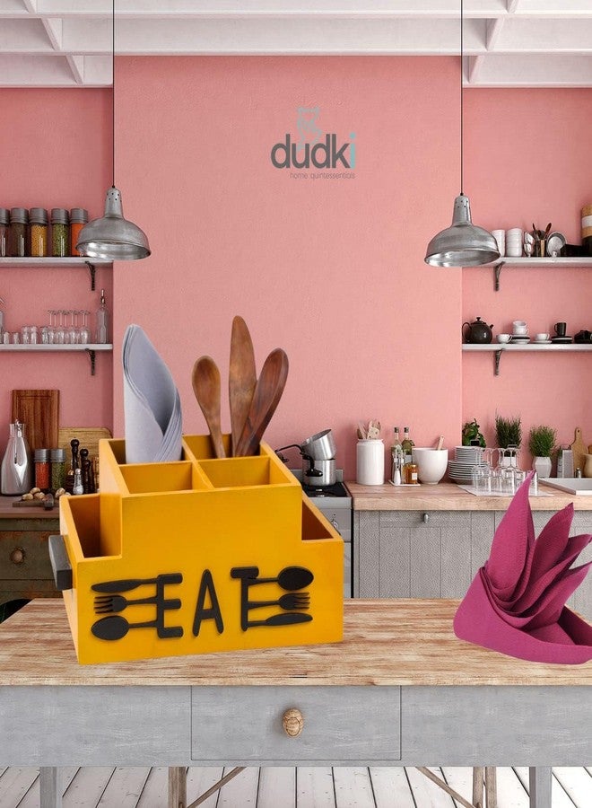 dudki Wooden Dining table Organizer | Cutlery holder | Kitchen Holder | Desk Organizer | Decorative Caddy Box |Office Desk Multipurpose (Yellow) - Image 4